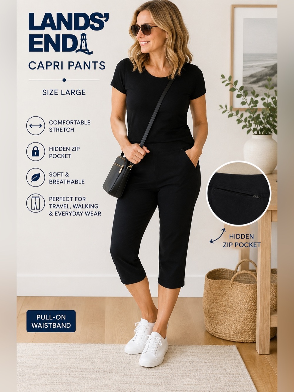 Lands’ End Black Stretch Capri Pants Hidden Zip Pocket Size L